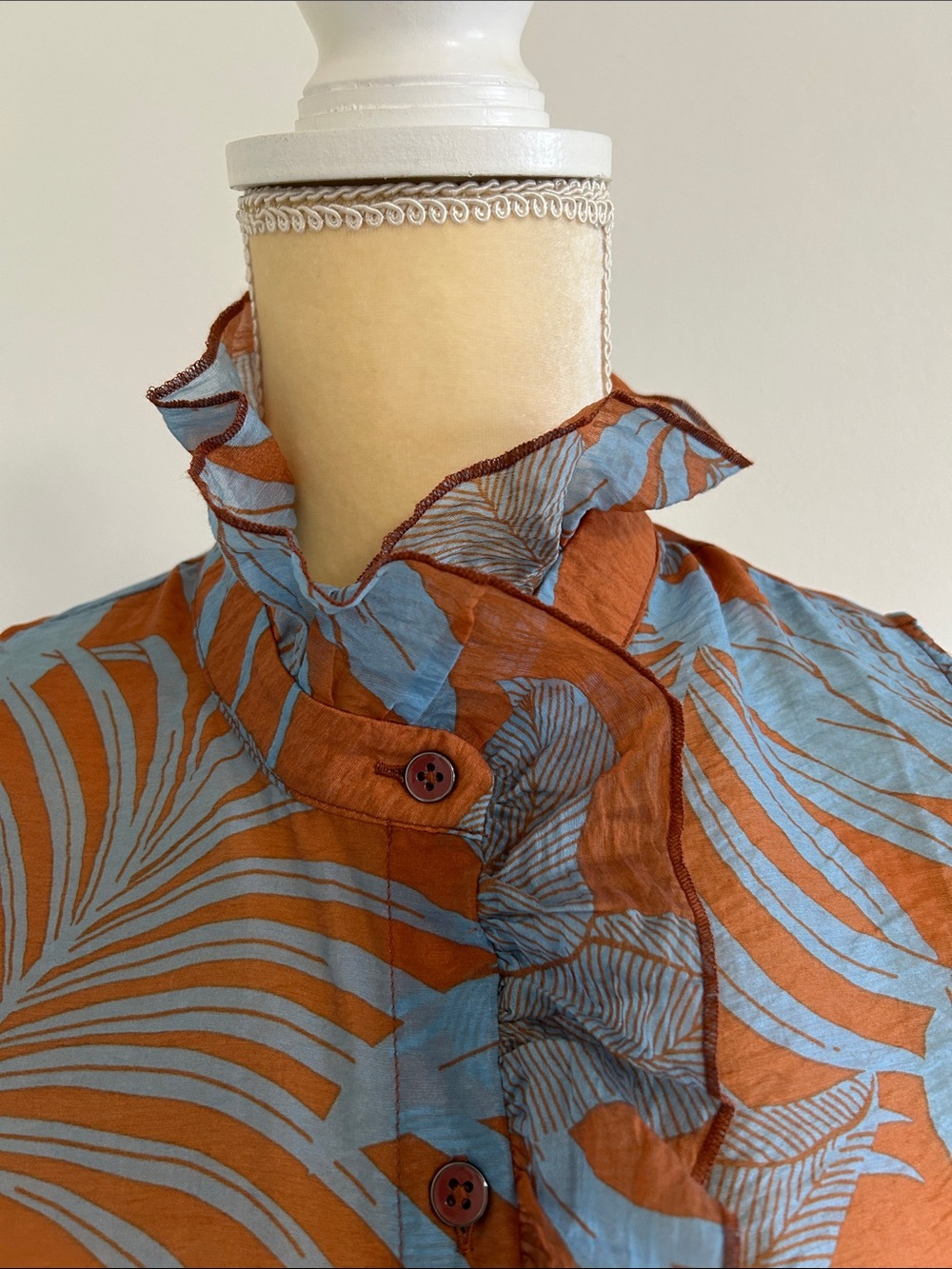CAbi Rust & Sky Blue Ruffled Mock-Neck Botanical Shell - Picture 2 of 8
